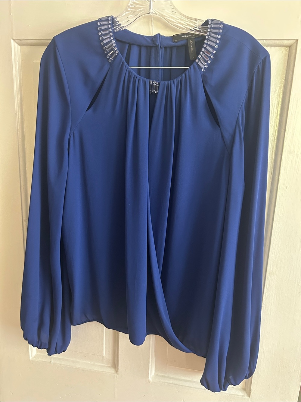 BCBGMaxAzria Royal Blue Beaded-Neck Long-Sleeve Blouse